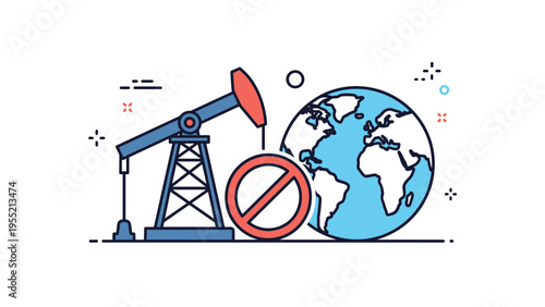 Environmental concept illustration showing an oil pump next to a globe with a red prohibition sign against fossil fuel extraction.