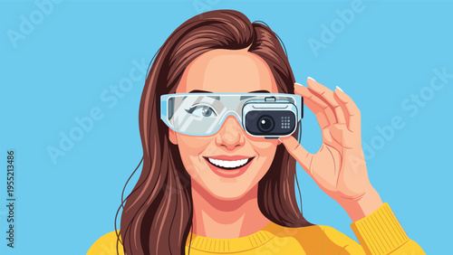 Happy young woman smiling while wearing futuristic smart glasses featuring a built-in camera and augmented reality technology display.