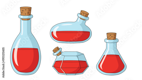 Set of four uniquely shaped glass bottles filled with red liquid representing magic potions or health elixirs for fantasy games.
