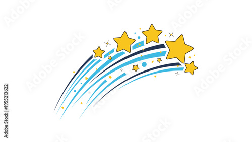 Vibrant graphic illustration of several yellow stars with blue and dark blue curved motion trails on a plain white background.