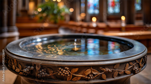 Close up of a stone baptismal font filled with clear still water reflecting a church ceiling cross and stained glass window colors the water surface perfectly mirror like the