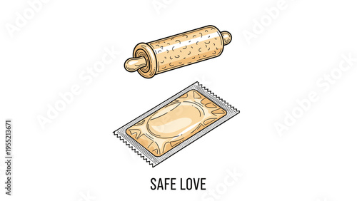 Safe love concept featuring a rolling pin and a wrapped condom as an educational illustration for sexual health and protection.