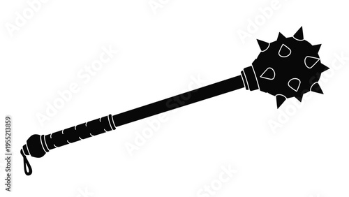 Black silhouette of a medieval morning star mace weapon with a spiked head and long handle for historical and fantasy themes.