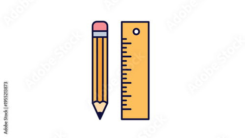 Vertical pencil and ruler side by side as basic stationery tools for students and architects in a clean color illustration.