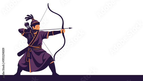 Traditional archer in purple attire aiming a longbow and arrow against a white background for historical and sports themes.