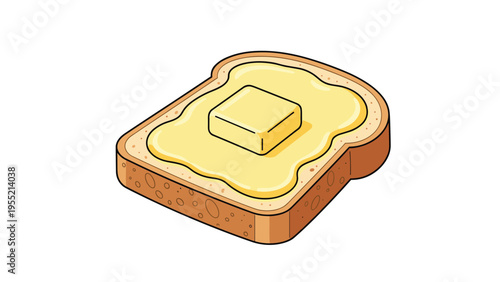 Single slice of toasted bread with a square pat of butter melting into the center for breakfast and food related designs.