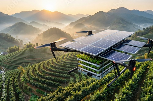 Solar-Powered Drone Over Terraced Tea Plantation at Sunrise
