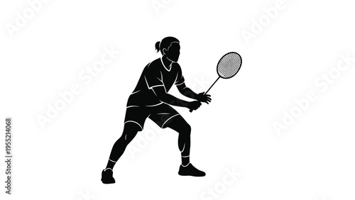 Black silhouette of a female athlete playing badminton holding a racket in a ready stance for sports and fitness branding.