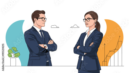 Professional businessman and businesswoman facing each other with a financial growth chart in the background for corporate success.