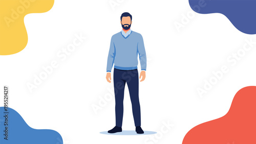 Full length portrait of a bearded man in smart casual clothing against a vibrant abstract background of colorful flowing shapes.