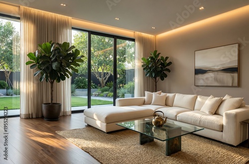 Modern Living Room with White Sofa and Large Windows