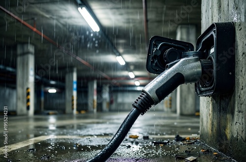 Electric Vehicle Charger in Rainy Underground Parking Garage