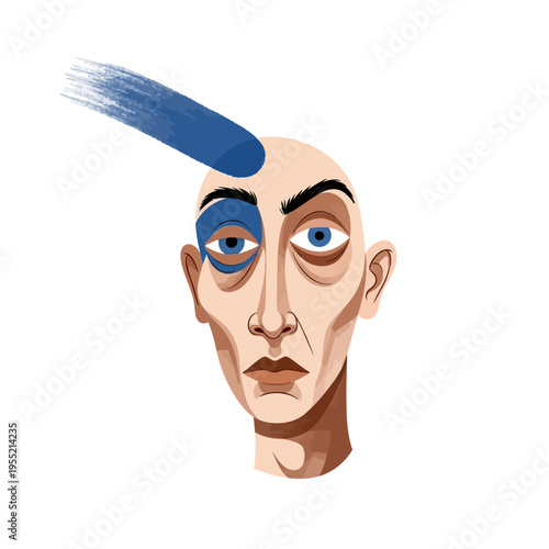 Bald Man with Blue Paint Stroke on Forehead and Eye