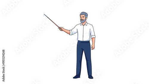 Senior male teacher or professional speaker with a beard holding a wooden pointer stick as an educational instruction graphic.