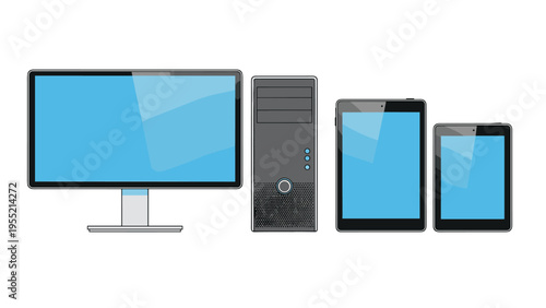Set of electronic device icons including a desktop monitor computer case and two different sized tablets for technology themes.