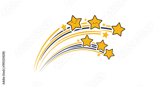 Group of cheerful shooting stars with happy smiling faces and colorful tail lines for whimsical children and magic themes.