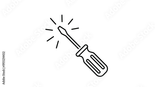 Simple black line drawing of a flat head screwdriver with sparkle lines around the tip for tool and repair service icons.
