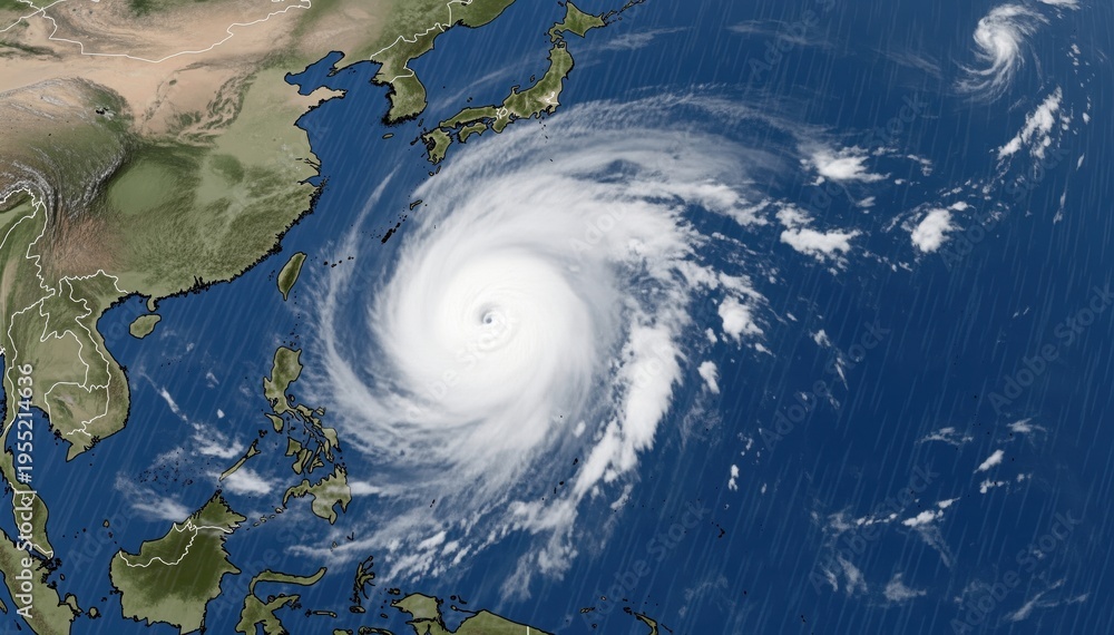 Fototapeta premium The Eye of Nature's Fury: A satellite view showcases a massive typhoon swirling over the ocean, revealing the raw power and intricate patterns of a formidable storm system.