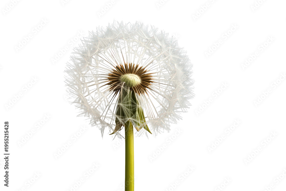 Fototapeta premium Dandelion seed head with fragile fluffy parachutes dispersing seeds, symbolizing wishes, growth, and lightness, isolated on transparent background
