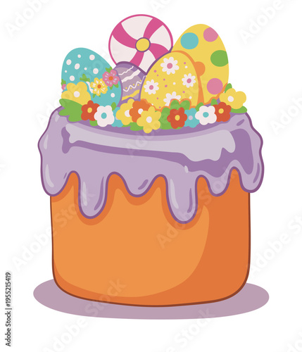 Traditional Easter cake with eggs and festive decorations, colorful holiday illustration