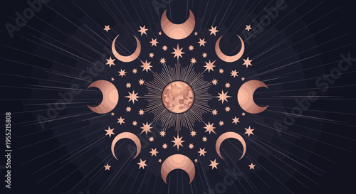 Mystical celestial rose gold moon phases circle radiating from luminous sun center with shimmering stars, cosmic abstract background, elegant divine astrology art
