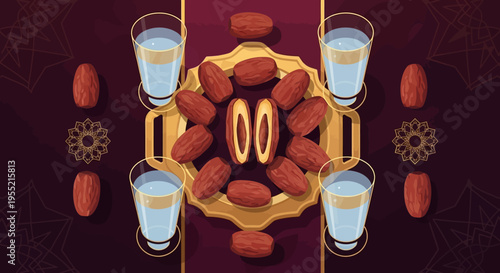 Flat design arrangement of dates and water glasses on a decorative tray, evoking Ramadan Iftar tradition, with ornate mandala motifs on a deep red background.