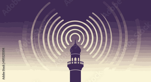 Islamic minaret emitting radio waves in a minimalist, stylized silhouette against a gradient twilight sky, symbolizing communication and faith transmission