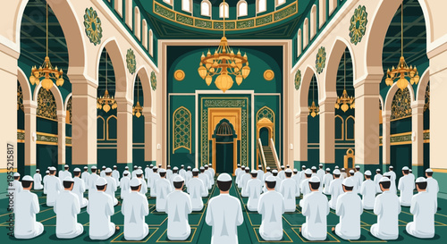 Crowd of devoted Muslim worshippers in prayer inside a grand, ornate mosque with intricate Islamic architecture and golden chandelier, art deco style.