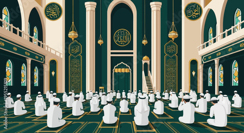 Spiritual Gathering Muslims in white attire engage in communal prayer within an opulent, grand mosque featuring Islamic calligraphy, arched windows, and ornate pillars, bathed in soft light.