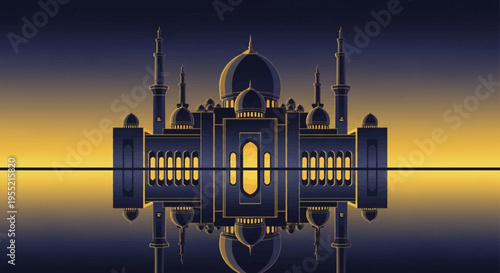 Serene Islamic mosque silhouette reflected in still water at twilight, featuring golden illuminated windows and minarets under a gradient sky, in a stylized, modern art aesthetic.