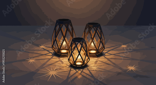 Three glowing candle lanterns with intricate geometric metal frames casting starburst shadows on a dark textured surface, creating a warm, atmospheric, and cozy ambiance.