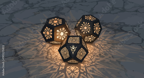 Intricate geometric lanterns cast warm, patterned light onto a polished marble surface, creating a cozy and decorative ambiance, perfect for mood lighting.