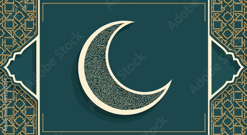 Elegant crescent moon with intricate Arabic pattern and geometric border, evoking Islamic culture and Ramadan celebrations, set against a teal background in a minimalist graphic style.