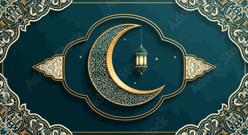 Golden Crescent Moon Illuminated by Lantern Against Decorative Islamic Pattern Background, Ideal for Ramadan and Eid Celebrations, Festive Abstract Art