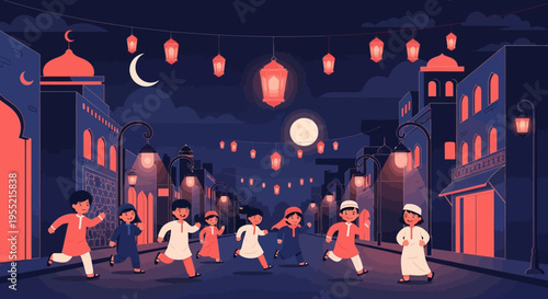 Children in traditional attire joyfully run down a decorated street under a crescent moon, illuminated by glowing lanterns during a festive Ramadan evening celebration.