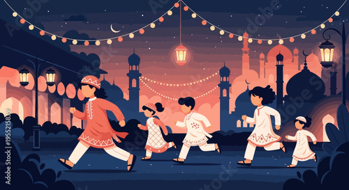 Joyful Muslim children in traditional attire running during a festive evening celebration, illuminated by string lights and lanterns, with a mosque skyline backdrop.