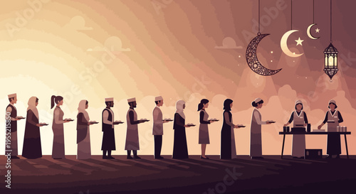 Diverse Muslim community lined up respectfully receiving charity food during Ramadan, celebrating Eid al-Fitr, with crescent moon and lantern decor, warm sunrise glow, minimalist digital art