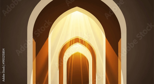 Journey through sacred Islamic architecture, with glowing divine light rays illuminating a series of majestic archways, symbolizing hope and spiritual enlightenment.