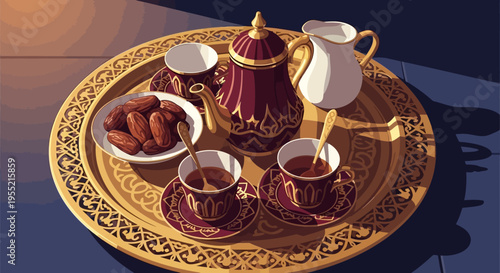 Traditional Arabian tea ceremony with dates and milk, depicted in a flat, stylized, digitally painted artwork, set on ornate golden tray with geometric patterns.