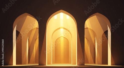 Radiant architectural arches bathed in warm golden light, creating a surreal, ethereal, and luminous passage with a sense of awe and wonder.
