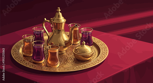 Elegant gold Moroccan teapot with ornate tray and colorful tea glasses, rich damask background, luxurious cultural ritual, detailed still life composition