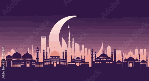 Majestic crescent moon shines over a sprawling Islamic cityscape at dusk, featuring detailed mosque silhouettes and modern architecture in a stylized, atmospheric twilight.