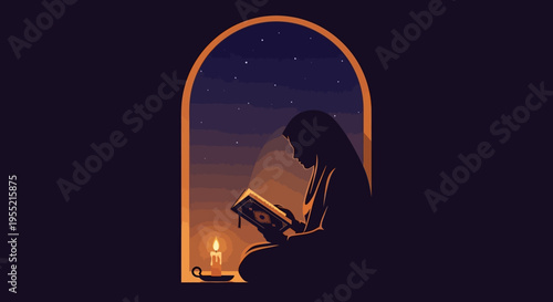 Serene silhouette of a woman in hijab, bathed in warm candlelight, deeply engrossed in reading the Quran by a window under a starlit night sky, evocative, spiritual, peaceful.