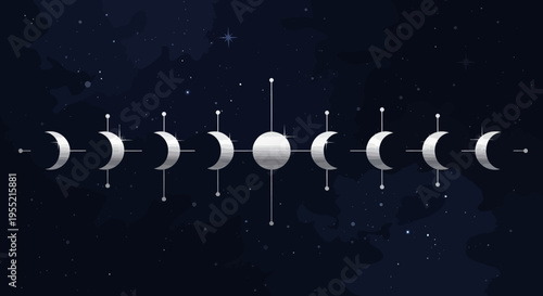 Celestial Moon Phases Alignment Across a Starry Night Sky, Abstract Geometric Design with Silver Crescent and Full Moon Silhouettes Symbolizing Cycles and Time