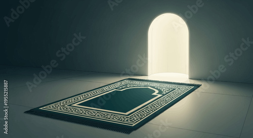 Mystical Islamic prayer mat with ornate green and gold patterns set on a tiled floor, illuminated by a radiant, arching doorway, evoking spiritual journey and divine light.