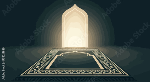 Islamic prayer mat laid out in a dimly lit room, with a glowing ornate arched doorway in the background, symbolizing spiritual journey, contemplation, and divine light.