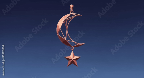 Geometric Rose Gold Crescent Moon Pendant with Hanging Star, Modern Celestial Jewelry Design, Abstract Polygonal Art, Luxurious Accessory on Dark Blue Background