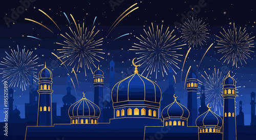 Grand Islamic cityscape at night with brilliant golden fireworks illuminating the midnight sky above ornate mosques and minarets, celebrating a festive event with traditional architecture.