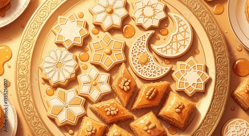 A luxurious golden platter overflowing with intricately decorated Arabic sweets, crescent moons, stars, and diamond-shaped pastries, drizzled with honey, evoking festive celebration and Midd