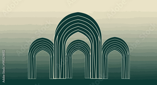 Abstract emerald green arched architectural forms with minimalist gradient background, evoking a modern, geometric, art deco, and spiritual temple aesthetic.